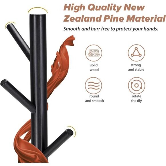 Wooden Coat Rack, Free Standing Coat Rack with 8 Hooks 3 Adjustable Heights - Picture 3 of 7